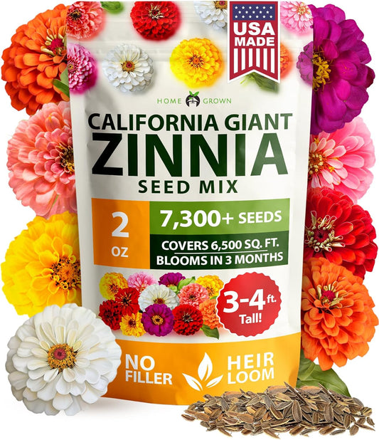 HOME GROWN Zinnia Seeds for 2026 - California Giant Mix - 7,300+ (2 oz) Plant Wildflower Blooms Bulk Seeds for Planting Flowers Outside
