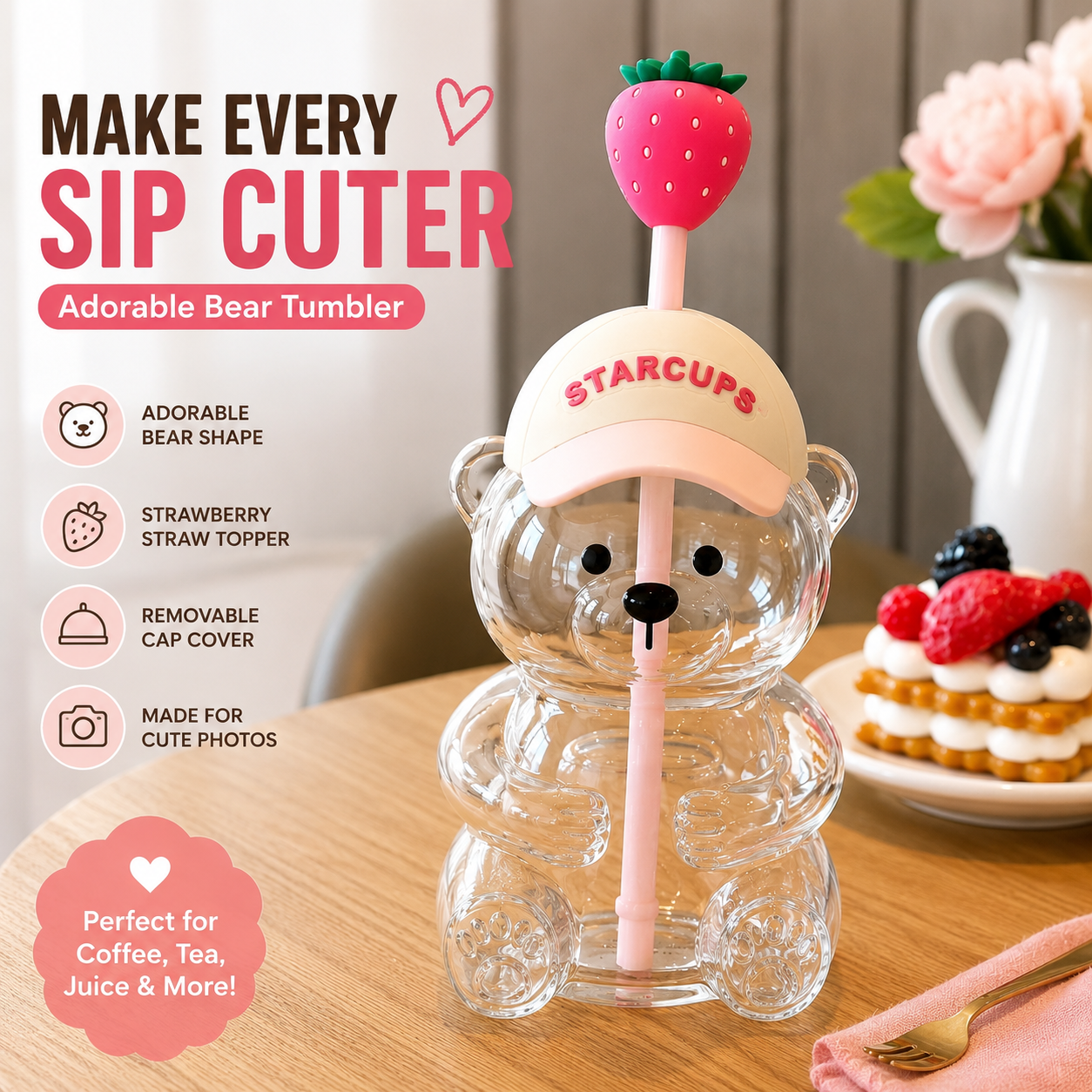 🔥 TODAY 49% OFF🐻Cute Teddy Bear Glass Tumbler with Bear Lid & Strawberry Straw – 20oz Reusable Cup