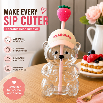 🔥 TODAY 49% OFF🐻Cute Teddy Bear Glass Tumbler with Bear Lid & Strawberry Straw – 20oz Reusable Cup