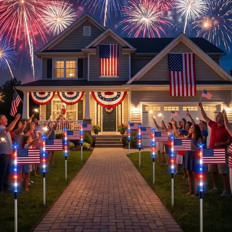 🤩🤩8-Piece Flag Light Set – 4th of July Decorations with 8 Lighting Modes – Ideal for Independence Day Pathways, Gardens, and Yard Decor