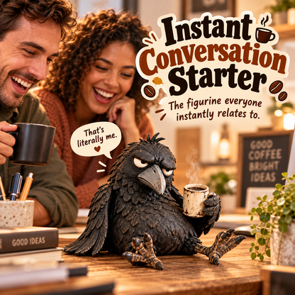 🖤 Rustic Vintage Raven Figurine with Coffee Mug – Grumpy Crow Farmhouse Tabletop Decor