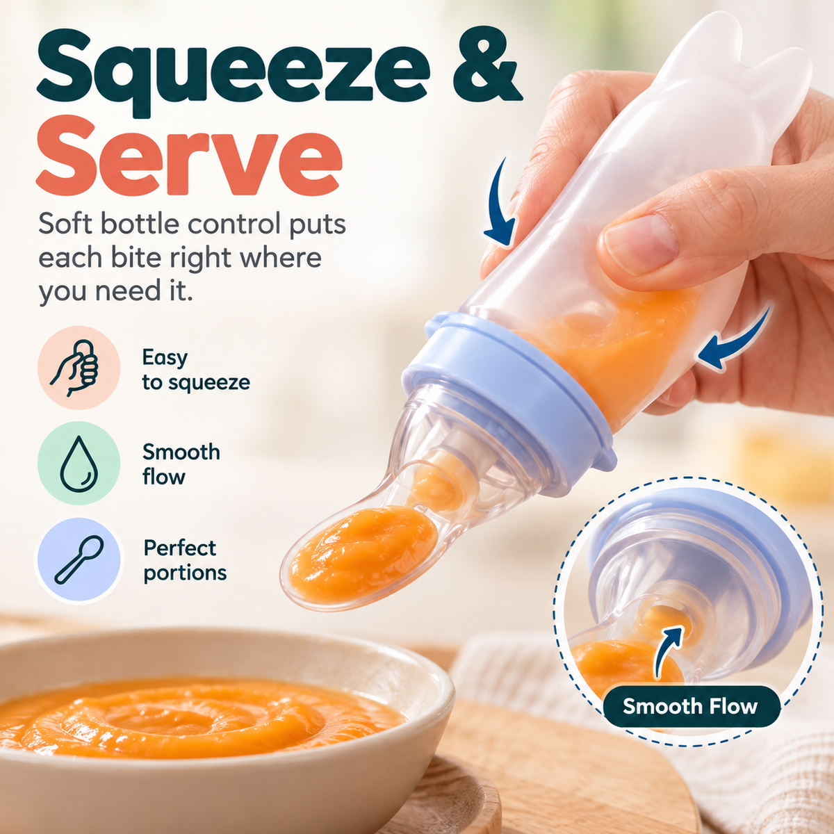 2-in-1 spoon feeder, suitable for purees and fruit.