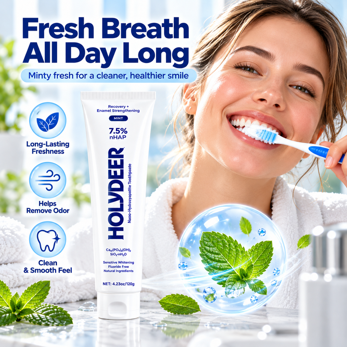 HOLYDEER 7.5% nHAP Fluoride-Free Toothpaste gently cleans teeth and leaves your mouth feeling refreshed with a minty scent.