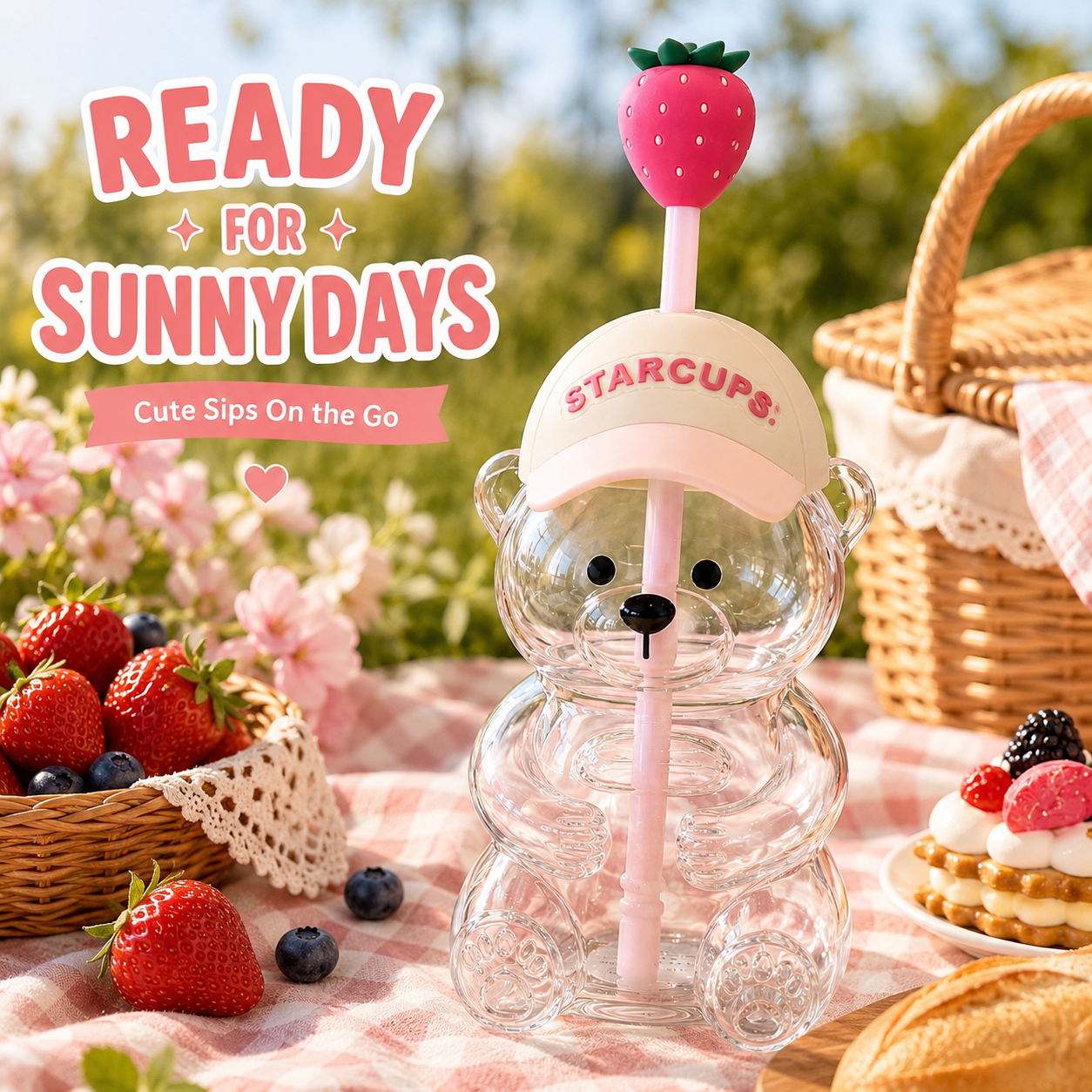 🔥 TODAY 49% OFF🐻Cute Teddy Bear Glass Tumbler with Bear Lid & Strawberry Straw – 20oz Reusable Cup