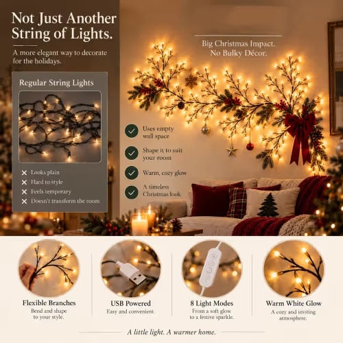 ✨ Flexible LED Branch Lights | Remote-Controlled Holiday Wall Decor