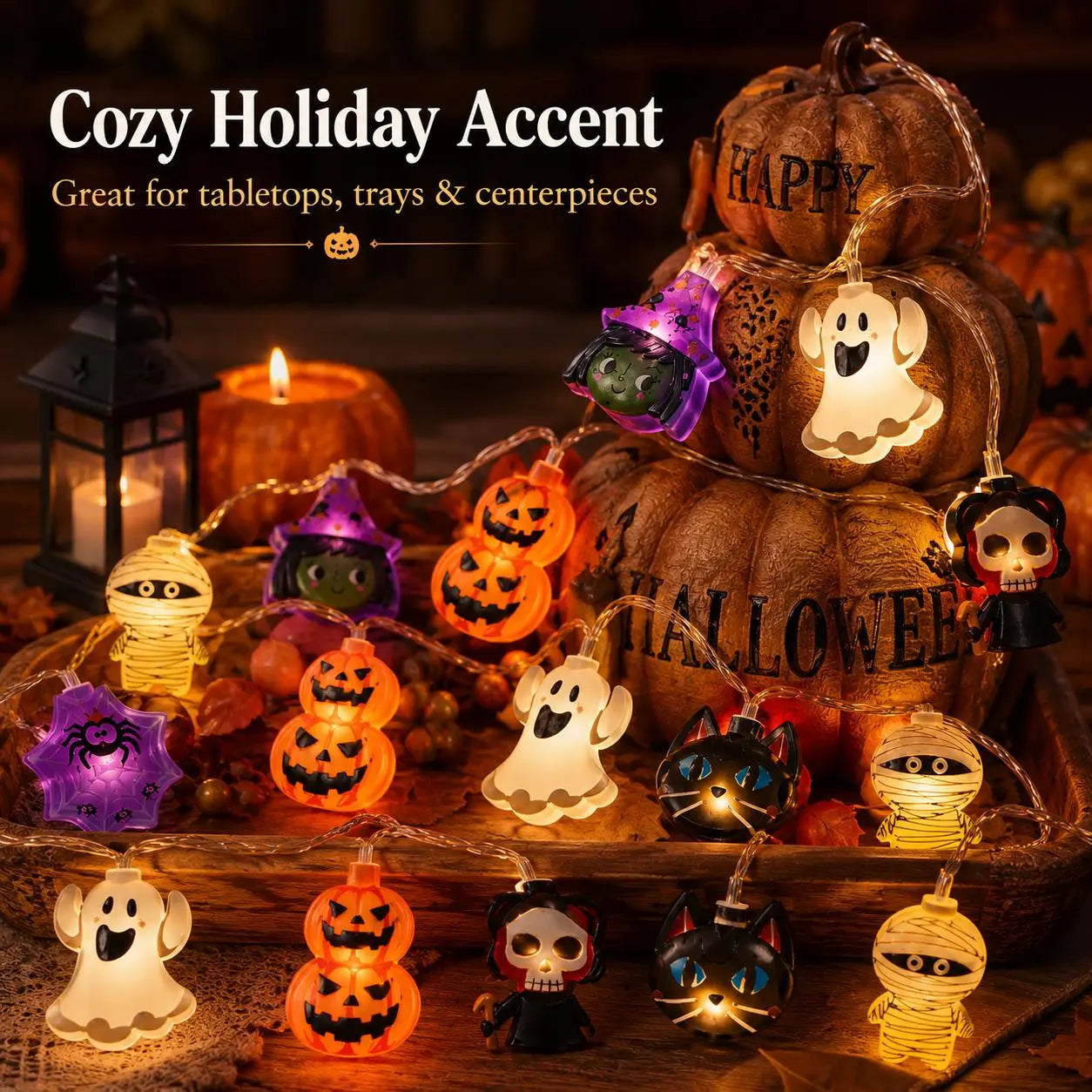 USB-Powered Pumpkin LED String Lights – Warm White Halloween Garland for Mantel, Window & Fall Home Decor