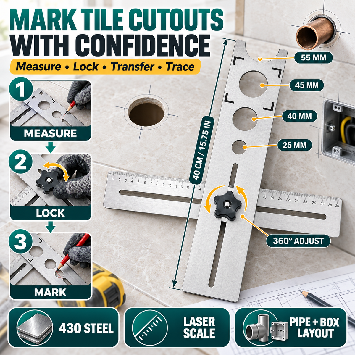 📏40CM Adjustable Stainless Steel Tile Hole Positioning Ruler📐