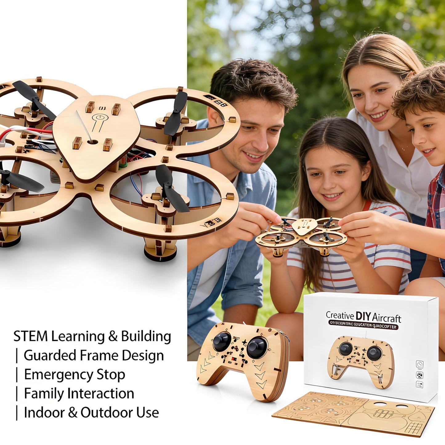 🔥Top Gift 2026 🎁 DIY Wooden Drone Assembly Kit, 2.4GHz RC Quadcopter with 360° Flip, Emergency Stop & Beginner Friendly Controls, STEM Building Toy for Teens & Adults