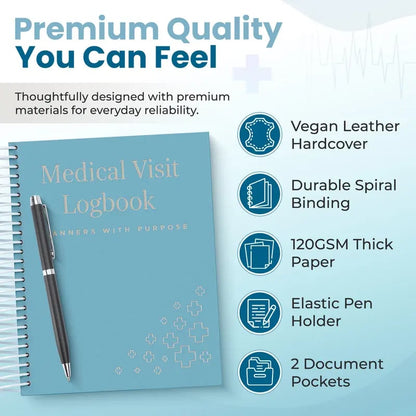 📚Medical Visit Logbook: Your Essential Medical Planner | Vegan Leather Hardcover, Pen Holder & Durable Spiral Binding