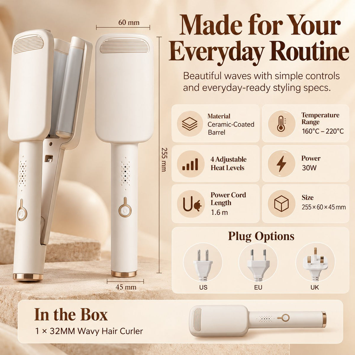 🔥Buy 2 Get 20% OFF🔥⏰32MM Wavy Hair Curler – Big Bouncy Curls, 4 Adjustable Heat Settings & Negative Ion Care – Salon-Quality Styling at Home 💇‍♀️