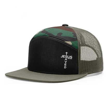 Unisex Printed Cross 'Jesus Saved' Flat Bill Trucker Hat - Color Block, Breathable Mesh