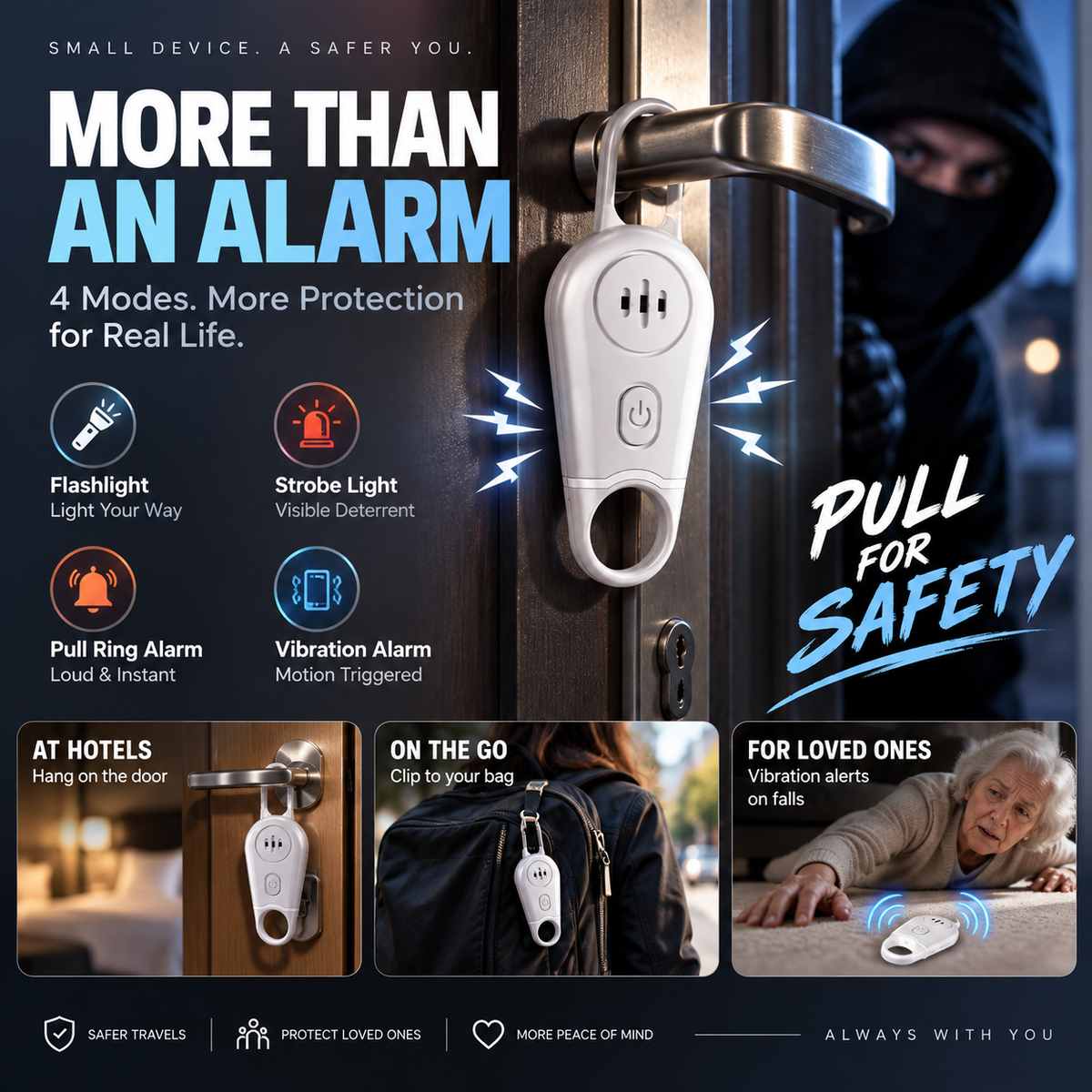 🔥50% OFF NOW! 🛡️Personal Safety Alarm Keychain—130dB Loud Emergency Siren with Vibration Activation Safety Mode, Rechargeable Flashlight & Strobe Light, Pull Ring Emergency Device for Women, Seniors, Travel & Hotel Safety