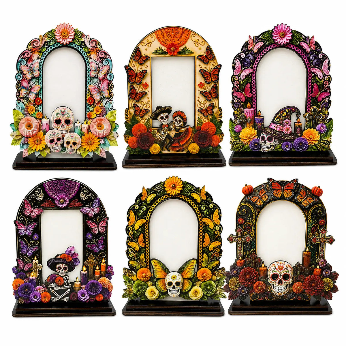 💀 DAY OF THE DEAD DECOR | 6 Wooden Memorial Photo Frames – Colorful Ofrenda Picture Frame Set with Floral Details