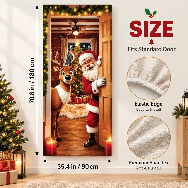 Christmas Door Cover - Stretch Fit Santa & Reindeer Door Decoration