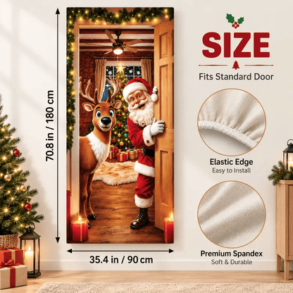 Christmas Door Cover - Stretch Fit Santa & Reindeer Door Decoration