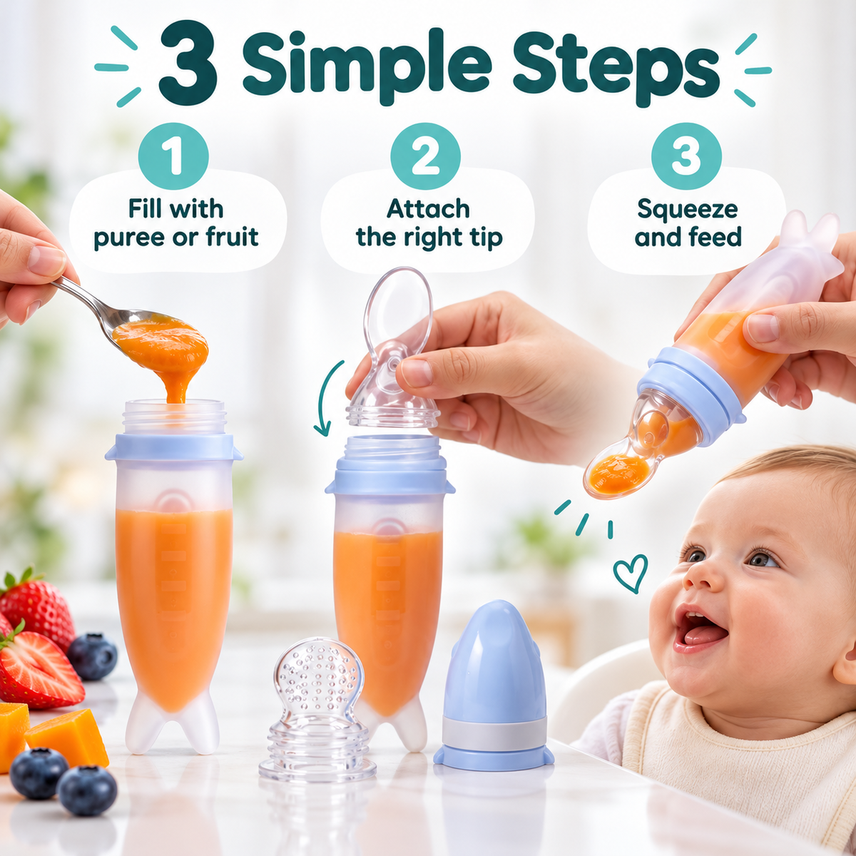 2-in-1 spoon feeder, suitable for purees and fruit.