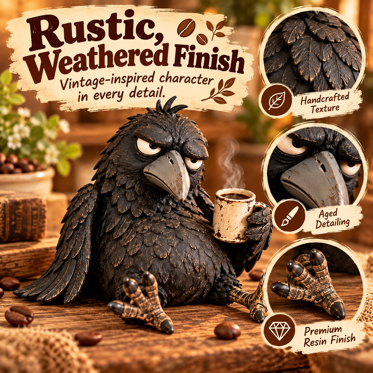 🖤 Rustic Vintage Raven Figurine with Coffee Mug – Grumpy Crow Farmhouse Tabletop Decor