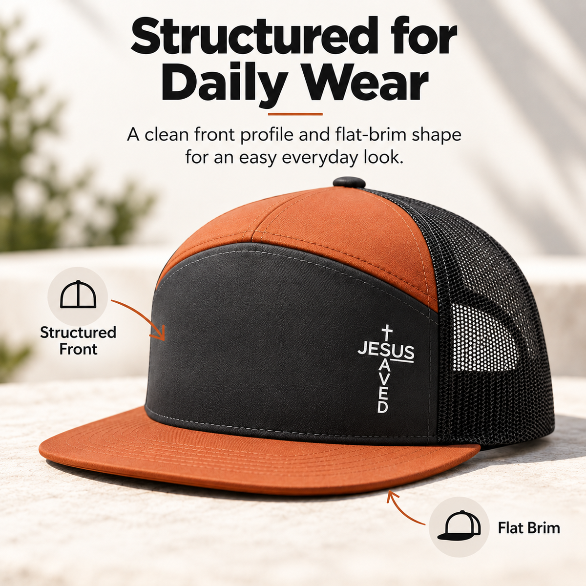 Unisex Printed Cross 'Jesus Saved' Flat Bill Trucker Hat - Color Block, Breathable Mesh