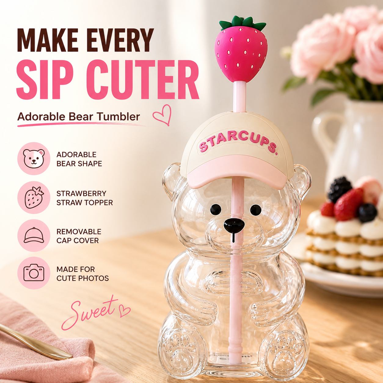 🔥 TODAY 49% OFF🐻Cute Teddy Bear Glass Tumbler with Bear Lid & Strawberry Straw – 20oz Reusable Cup
