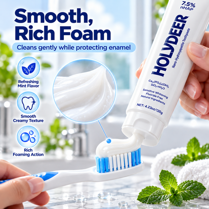 HOLYDEER 7.5% nHAP Fluoride-Free Toothpaste gently cleans teeth and leaves your mouth feeling refreshed with a minty scent.