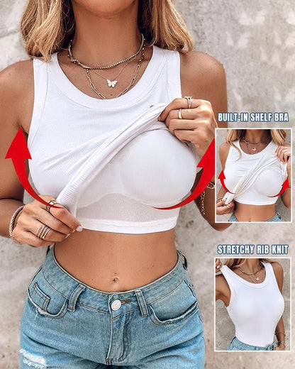 🔥Round Neck Built-in Bra Ribbed Tank Top Fit Casual Comfortable💥