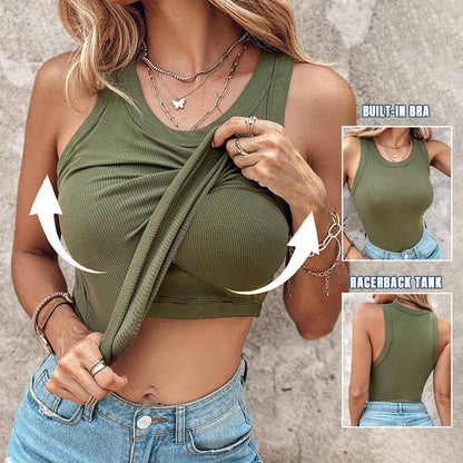 🔥Round Neck Built-in Bra Ribbed Tank Top Fit Casual Comfortable💥