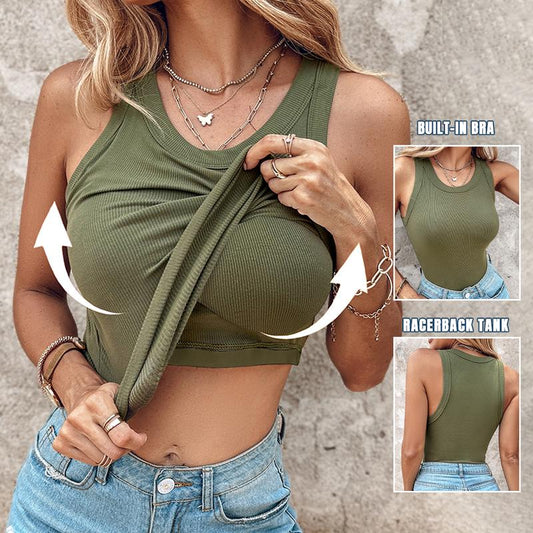 🔥Round Neck Built-in Bra Ribbed Tank Top Fit Casual Comfortable💥