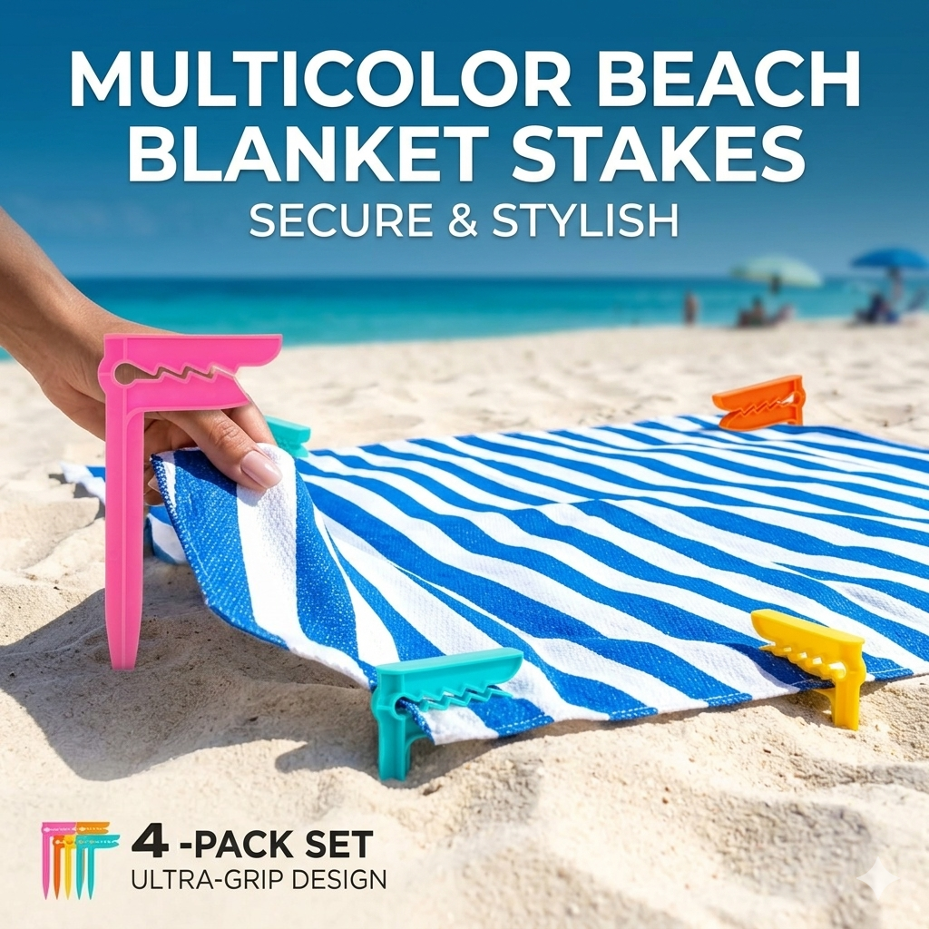 Beach Towel Anchor Stakes (4-Pack) – Windproof Sand Clips for Beach Towels, Picnic Blankets & Outdoor Mats