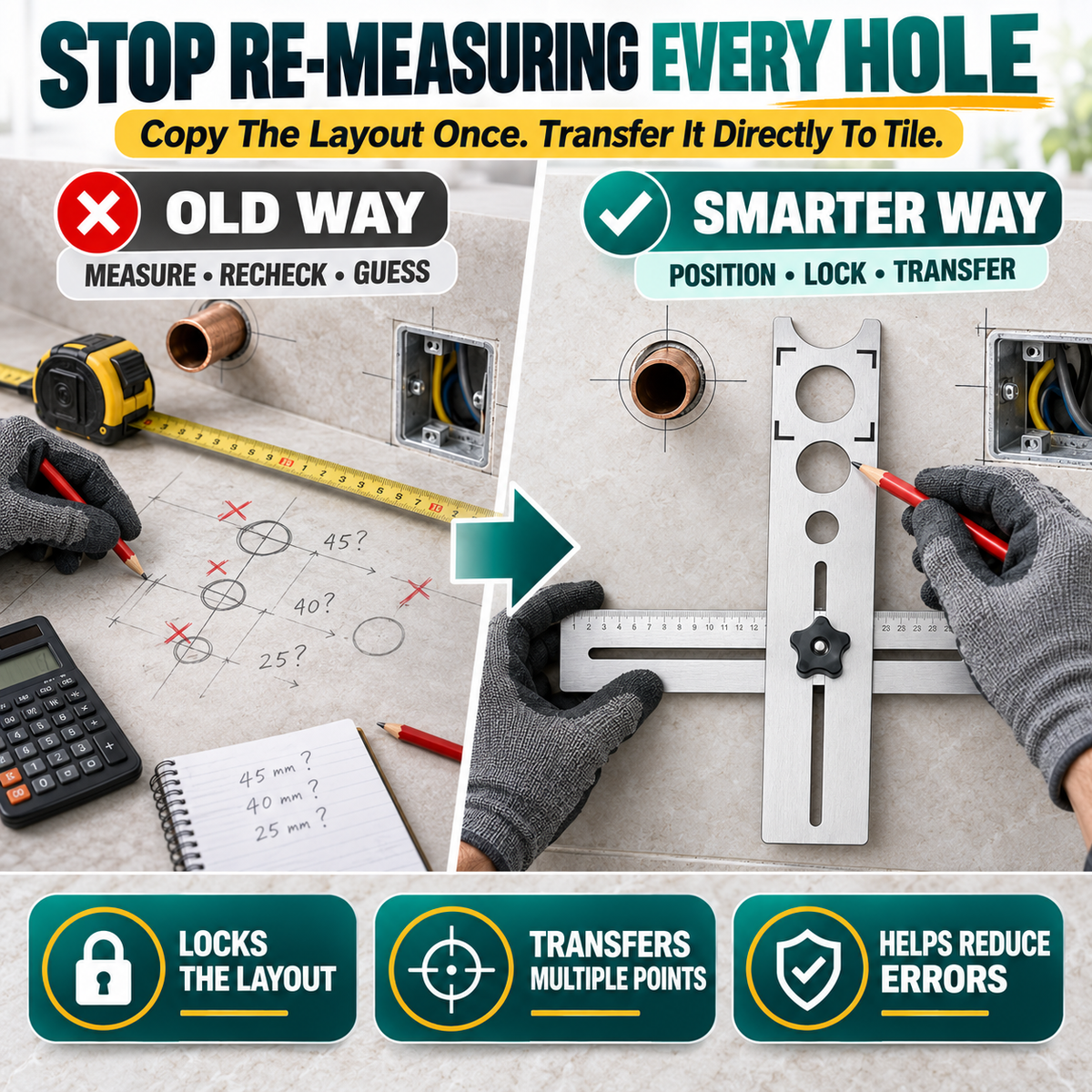 📏40CM Adjustable Stainless Steel Tile Hole Positioning Ruler📐