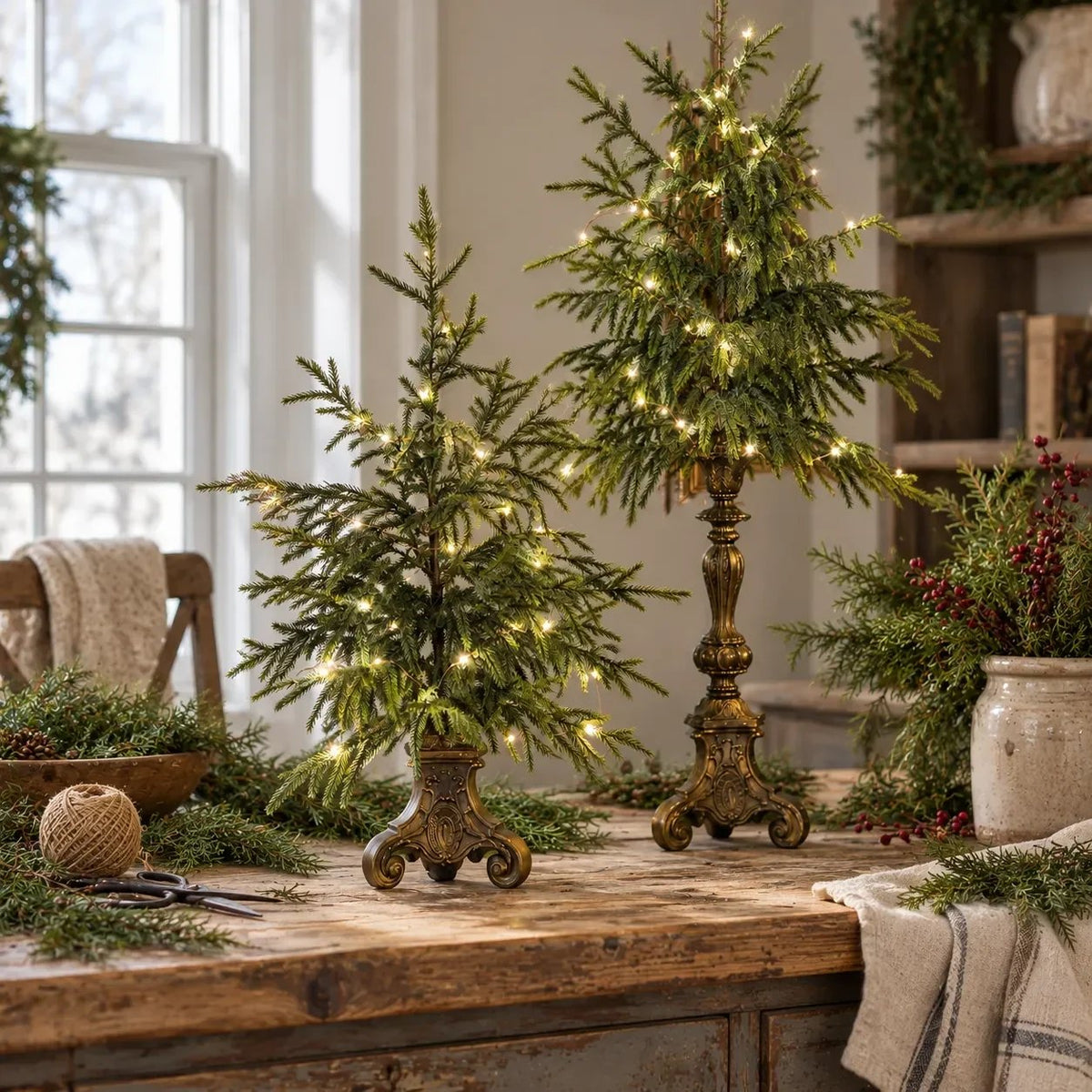 🔥Last Day 50%🎄 Vintage Lighted Norfolk Pine Trees ✨ Warm Glow Christmas Tabletop Decor with Antique-Style Base