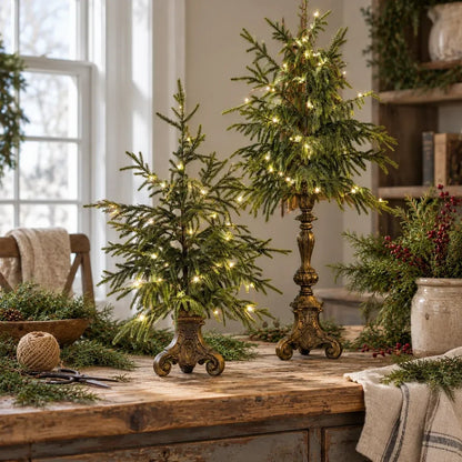 🔥Last Day 50%🎄 Vintage Lighted Norfolk Pine Trees ✨ Warm Glow Christmas Tabletop Decor with Antique-Style Base