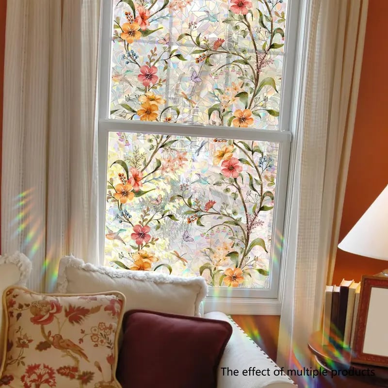 🔥Hot Sale 49% OFF –Floral Stained Glass Window Film 🌈 UV Blocking • Soft Privacy • Rainbow Light Effect