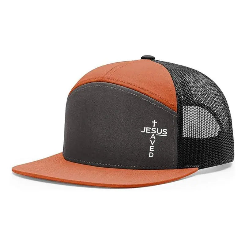 Unisex Printed Cross 'Jesus Saved' Flat Bill Trucker Hat - Color Block, Breathable Mesh