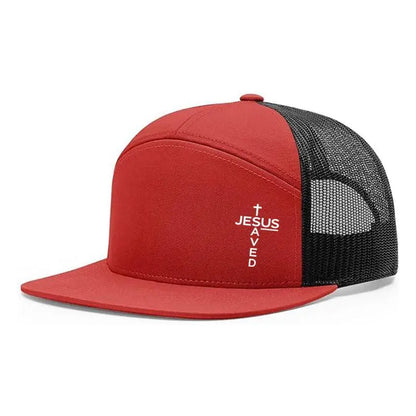 Unisex Printed Cross 'Jesus Saved' Flat Bill Trucker Hat - Color Block, Breathable Mesh