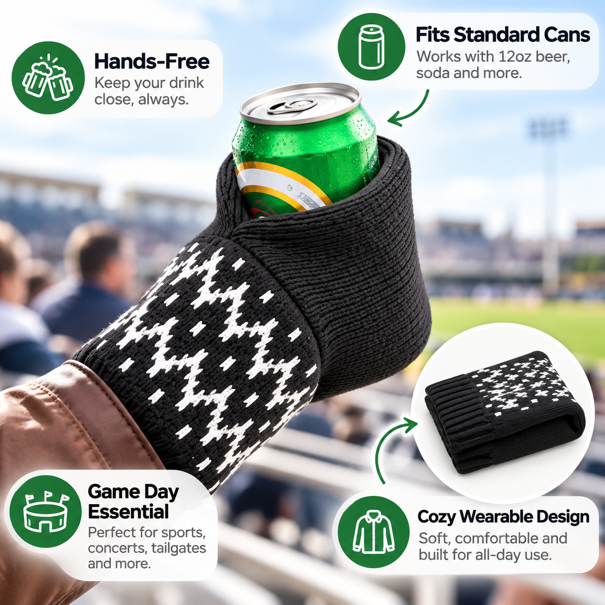 🍻 Hands-Free Wearable Can Holder – Cozy Knit Drink Sleeve for Game Day