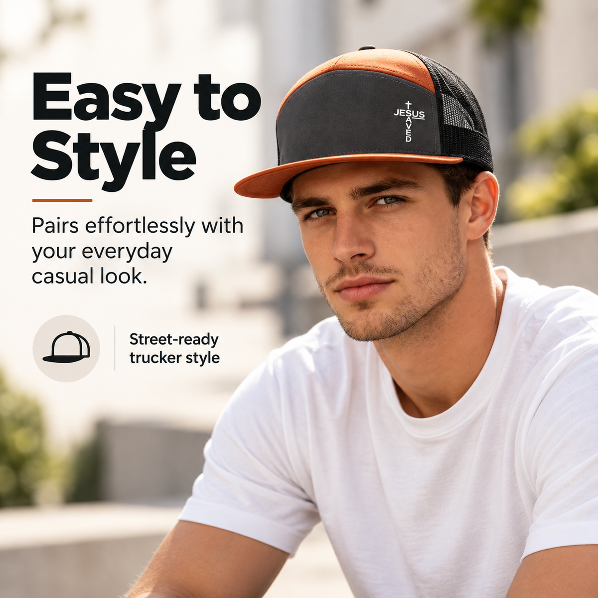 Unisex Printed Cross 'Jesus Saved' Flat Bill Trucker Hat - Color Block, Breathable Mesh