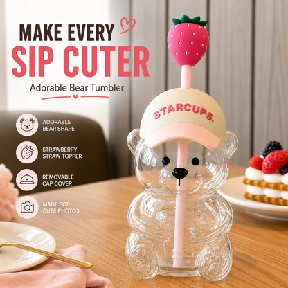 🔥 TODAY 49% OFF🐻Cute Teddy Bear Glass Tumbler with Bear Lid & Strawberry Straw – 20oz Reusable Cup