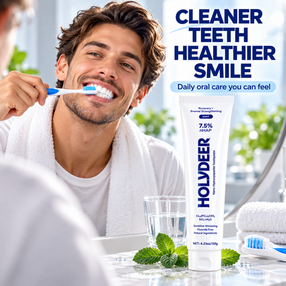 HOLYDEER 7.5% nHAP Fluoride-Free Toothpaste gently cleans teeth and leaves your mouth feeling refreshed with a minty scent.