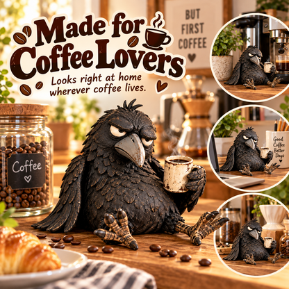 🖤 Rustic Vintage Raven Figurine with Coffee Mug – Grumpy Crow Farmhouse Tabletop Decor