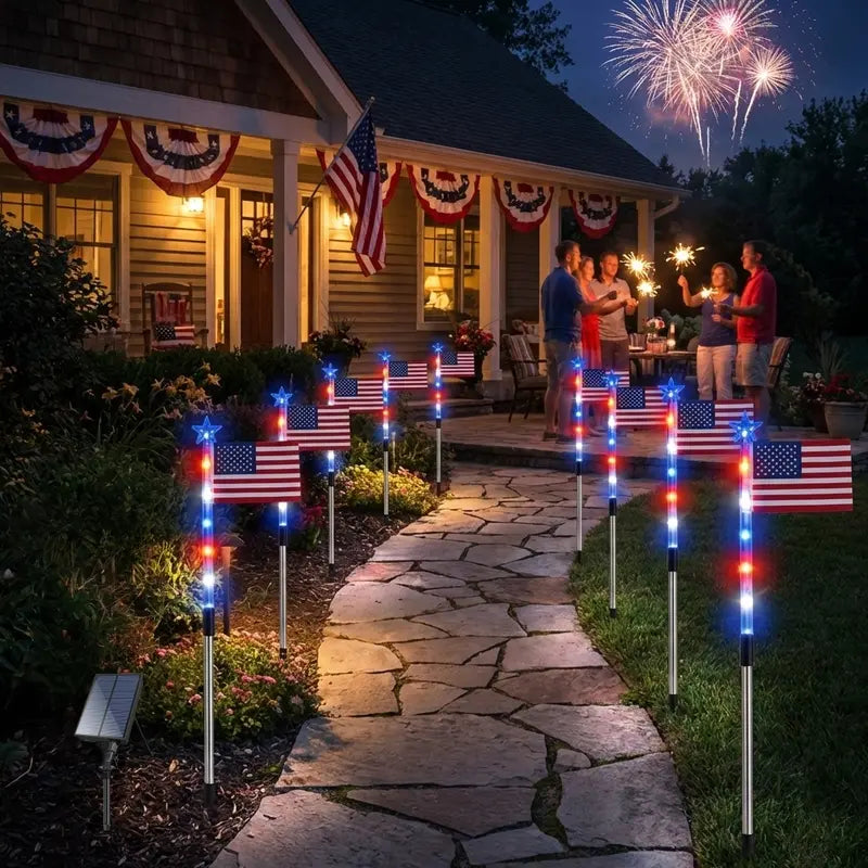 🤩🤩8-Piece Flag Light Set – 4th of July Decorations with 8 Lighting Modes – Ideal for Independence Day Pathways, Gardens, and Yard Decor