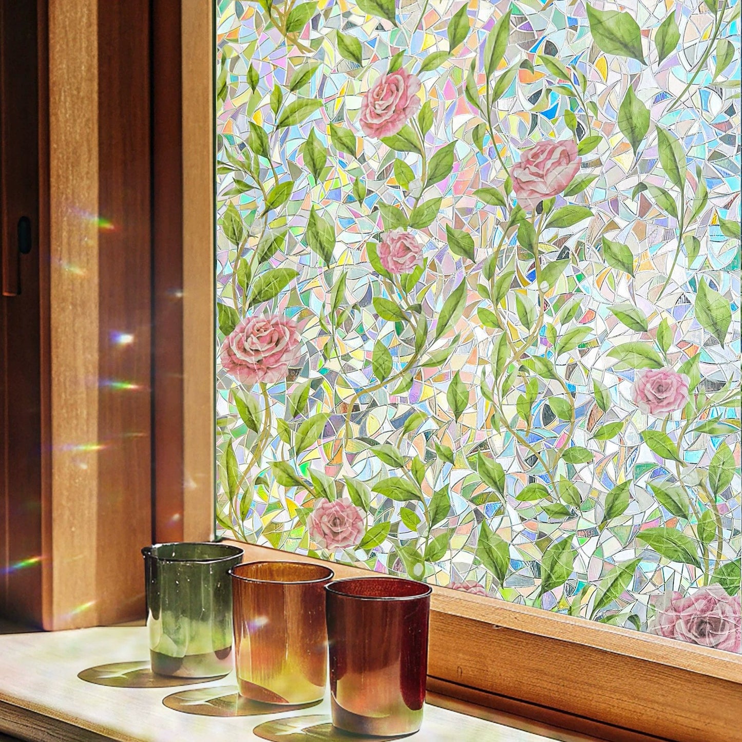 🔥Hot Sale 49% OFF –Floral Stained Glass Window Film 🌈 UV Blocking • Soft Privacy • Rainbow Light Effect