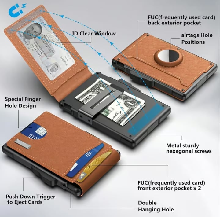 ✨Wallet for Men - with Pop Up Aluminum Case Money Clip Slim Leather Slots Credit Card Holder RFID Blocking Bifold Minimalist Wallet