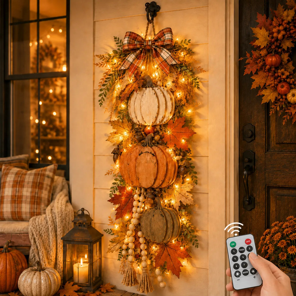 🔥 Limited-Time 50% OFF✨Rustic Wooden Pumpkin Door Hanging with Warm LED Lights