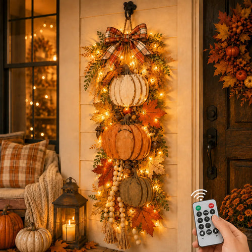 🔥 Limited-Time 50% OFF✨Rustic Wooden Pumpkin Door Hanging with Warm LED Lights