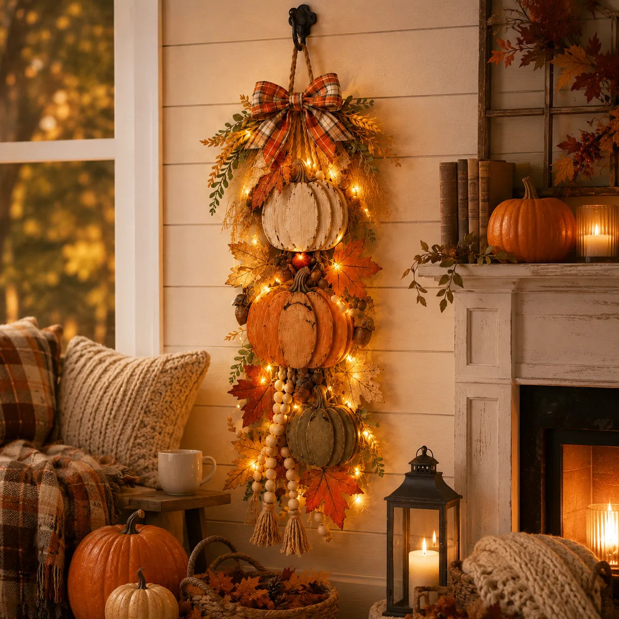🔥 Limited-Time 50% OFF✨Rustic Wooden Pumpkin Door Hanging with Warm LED Lights