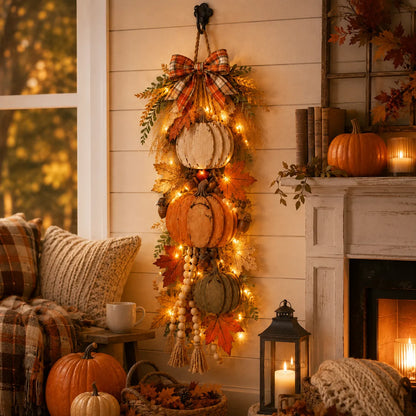🔥 Limited-Time 50% OFF✨Rustic Wooden Pumpkin Door Hanging with Warm LED Lights