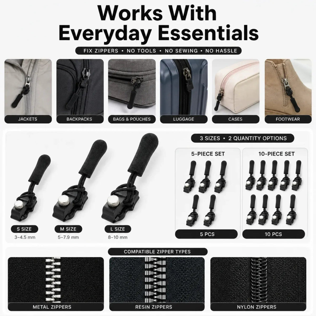 15-Piece Zipper Rescue Kit 🔧Universal Repair Set with 3 Convenient Sizes