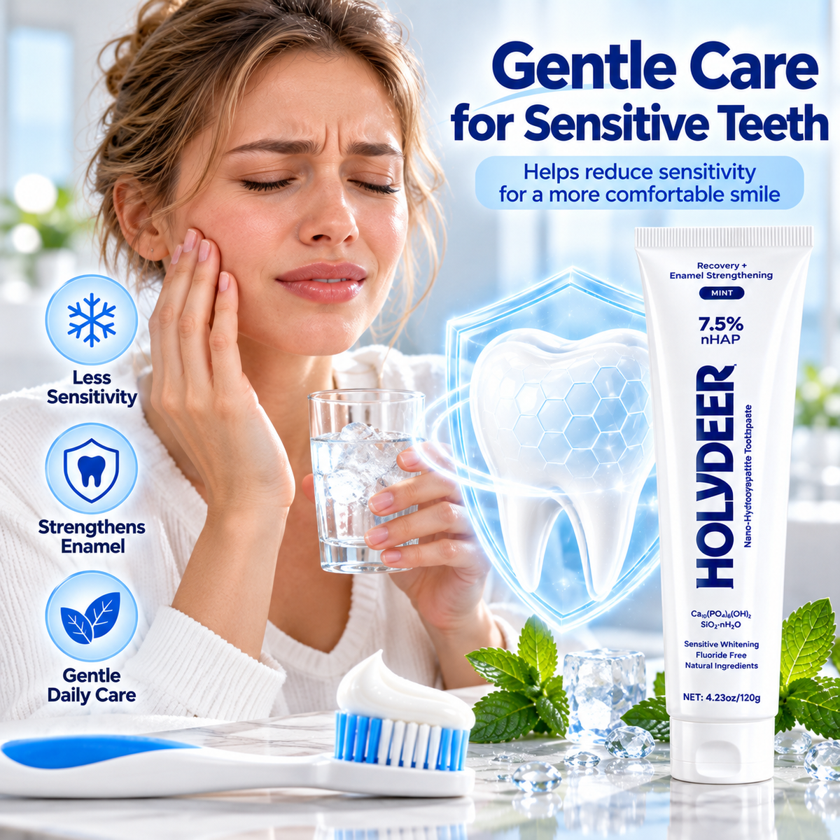 HOLYDEER 7.5% nHAP Fluoride-Free Toothpaste gently cleans teeth and leaves your mouth feeling refreshed with a minty scent.