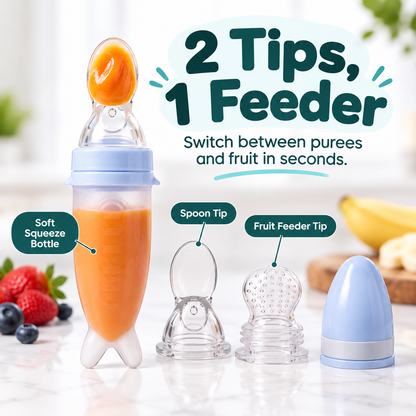 2-in-1 spoon feeder, suitable for purees and fruit.