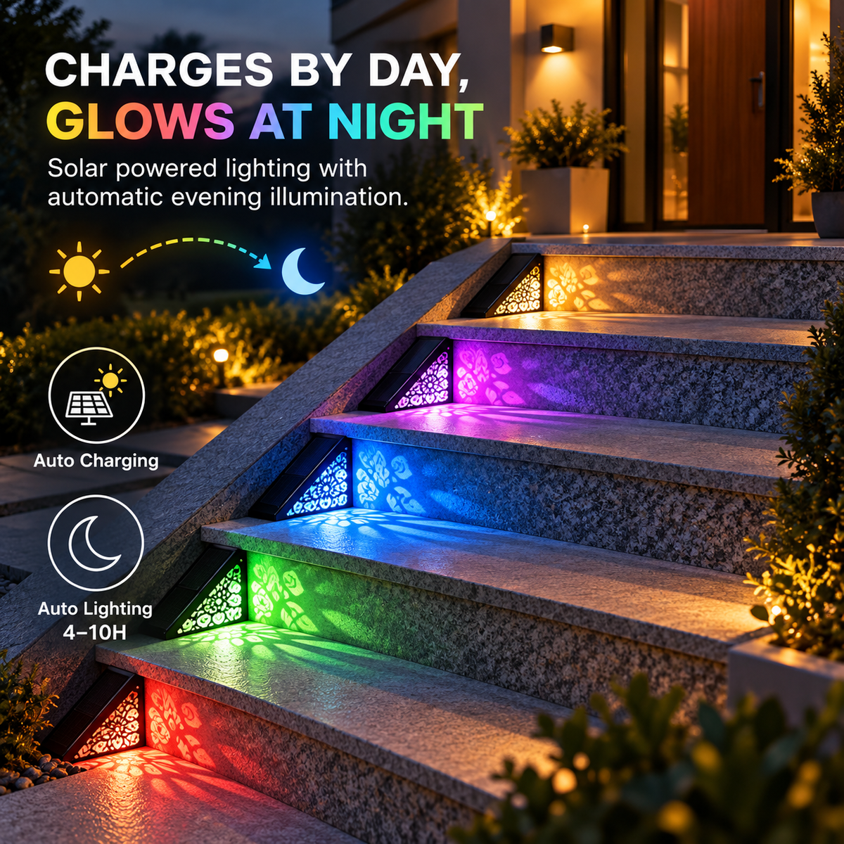 Solar outdoor step lights, IP65 waterproof LED deck/stair lights, color-changing gradient lighting, automatic dusk-to-dawn warm white light, solar-powered.